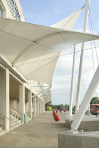 Canopies outside of building.