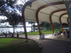 Underneath the tensile fabric canopy at The Verandah