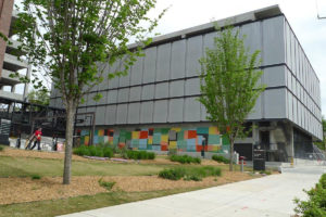 Tensile fabric screening on the Ponce City Market parking structure.