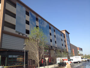 Facade on exterior of parking garage.