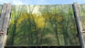 Screenprinted textile facade cladding on Crocker Park parking garage.