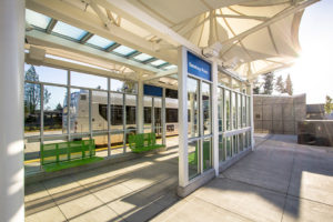 Under the fabric roof at Smokey Point Transit Center during the day