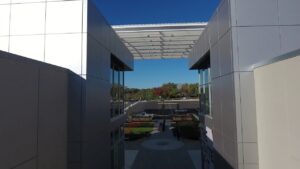 View of canopy between two buildings.